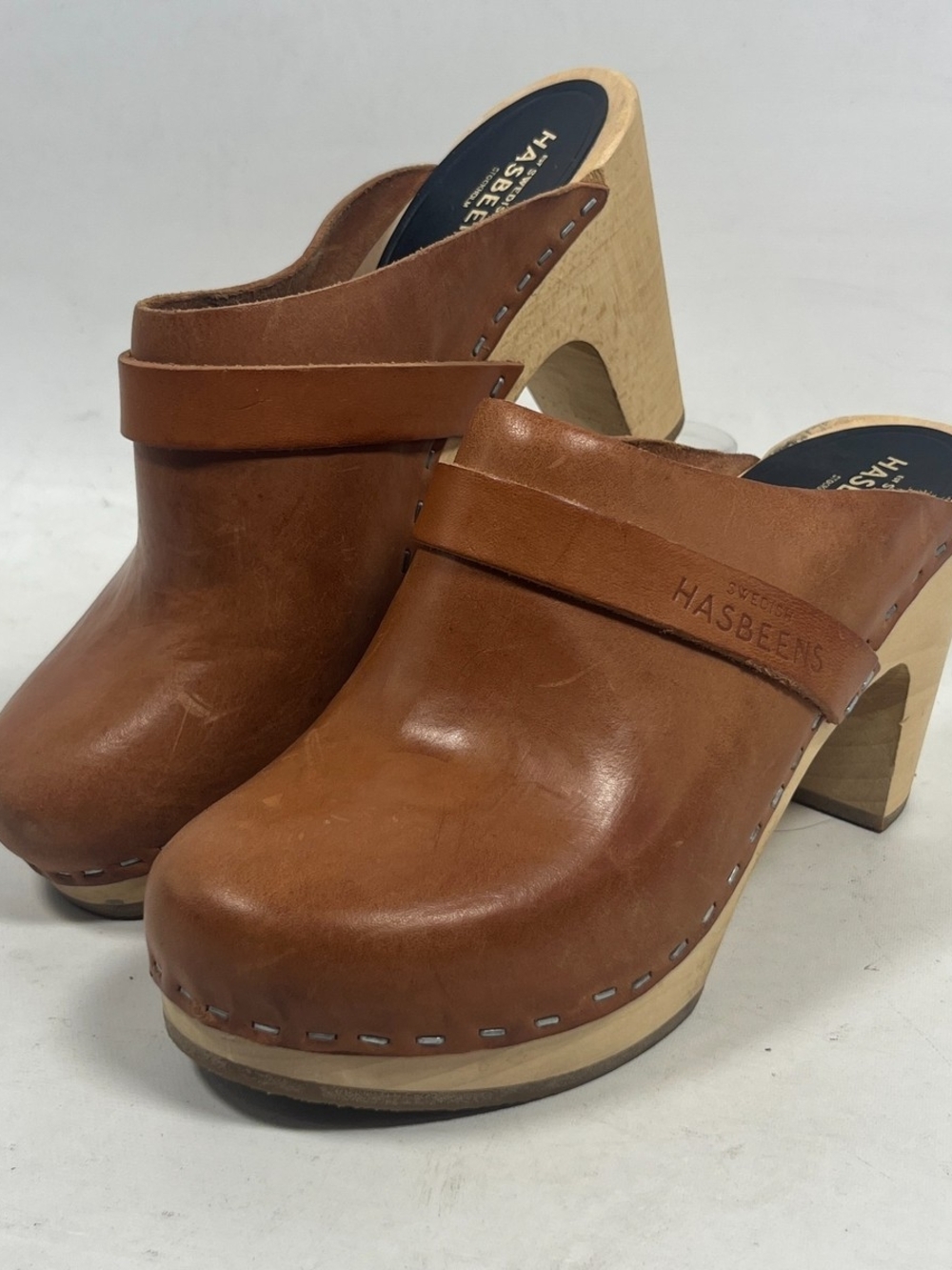 Swedish Hasbeens Brown Leather Platform Clog Mules
